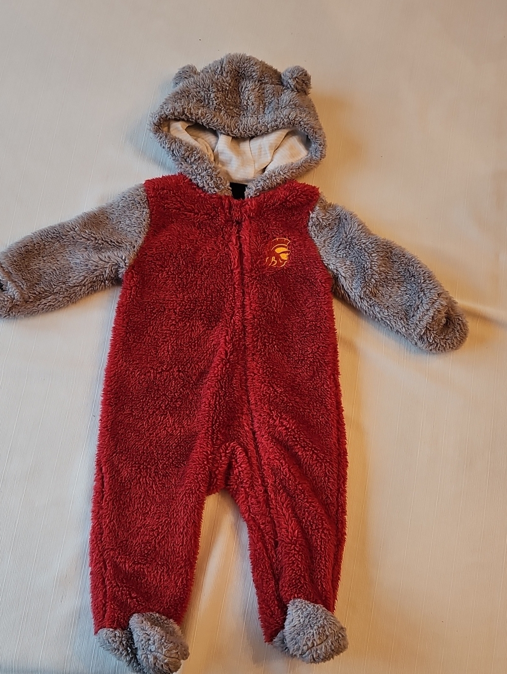 Cozy Red & Gray Teddy Hooded Baby Footie